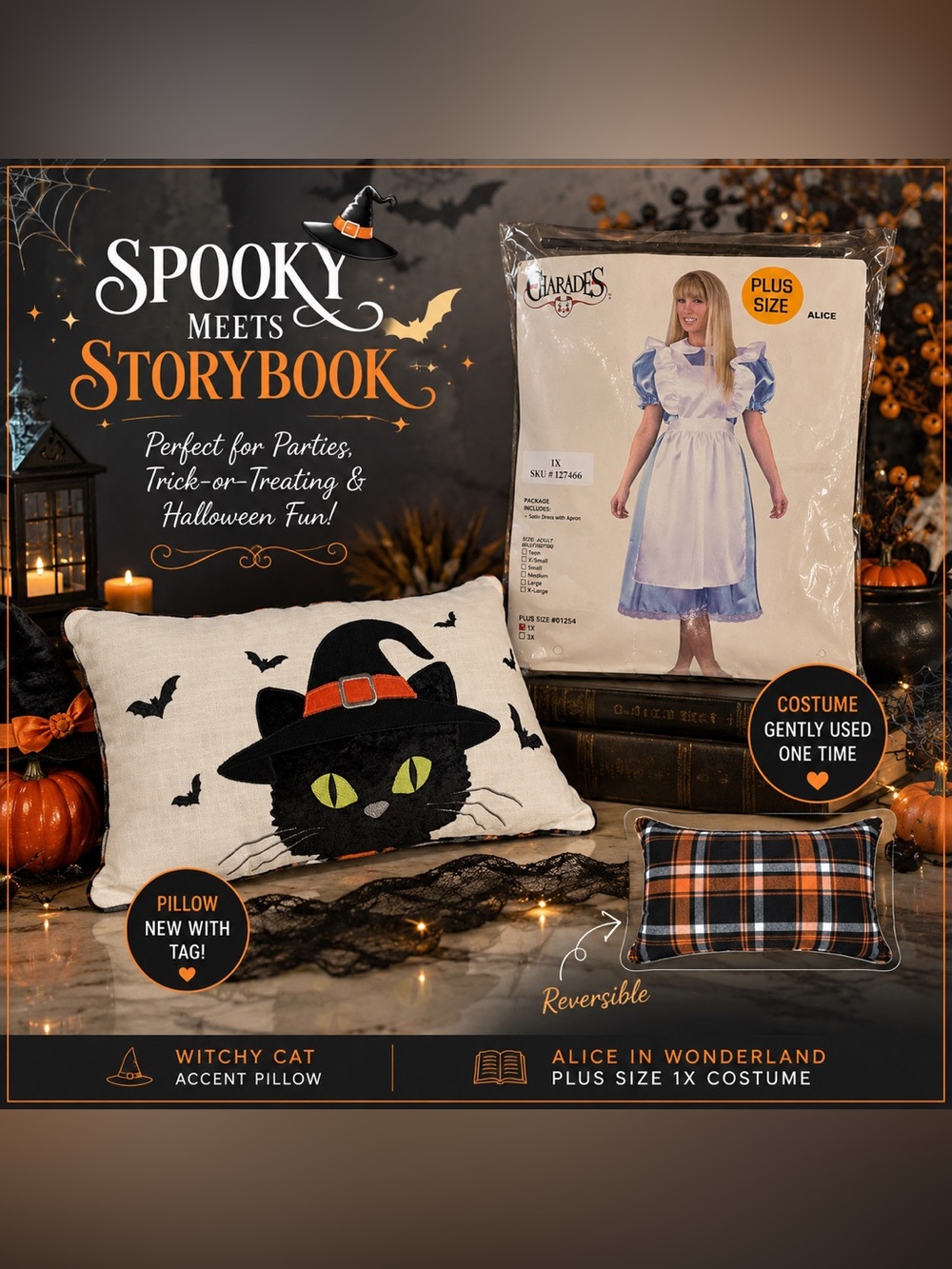 🎃 Halloween Alice Costume 1X + NEW Witchy Black Cat Reversible Accent Pillow
